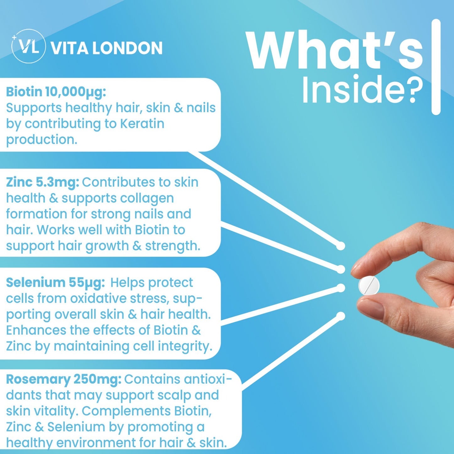 Biotin 10,000Mcg Skin Nails Hair Growth Tablets Zinc Selenium Rosemary Capsules