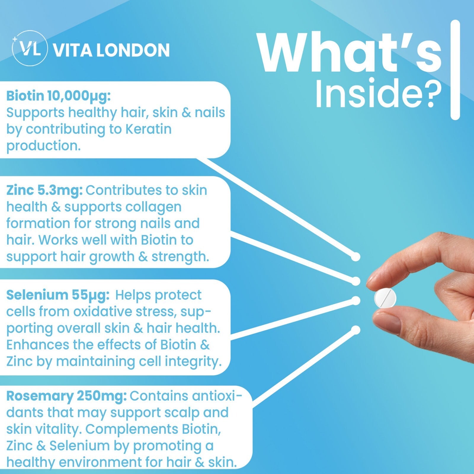 Biotin 10,000Mcg Skin Nails Hair Growth Tablets Zinc Selenium Rosemary Capsules