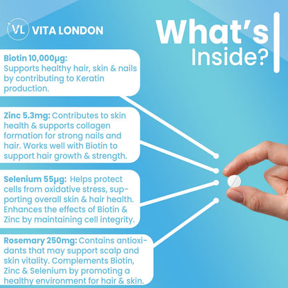 Biotin 10,000Mcg Skin Nails Hair Growth Tablets Zinc Selenium Rosemary Capsules