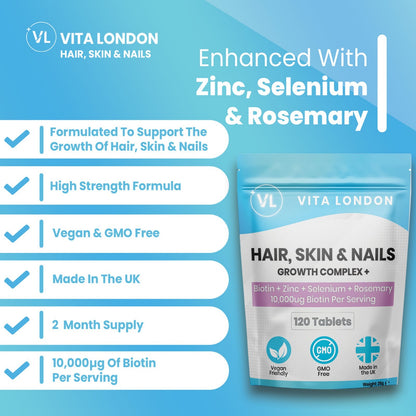 Biotin 10,000Mcg Skin Nails Hair Growth Tablets Zinc Selenium Rosemary Capsules