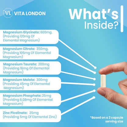 Magnesium Glycinate 6-In-1 Complex Capsules - Citrate Malate Taurate Zinc 1500Mg