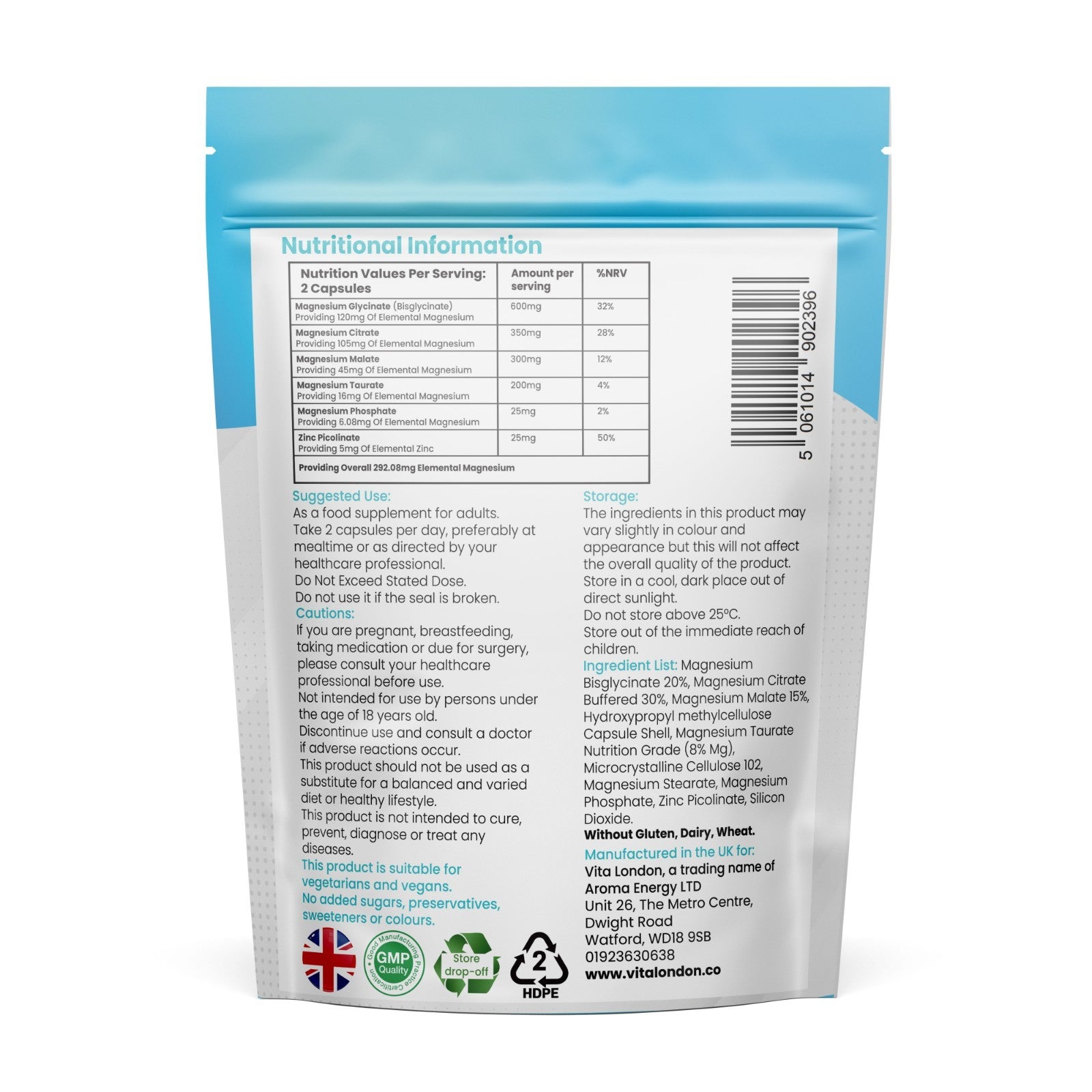 Magnesium Glycinate 6-In-1 Complex Capsules - Citrate Malate Taurate Zinc 1500Mg