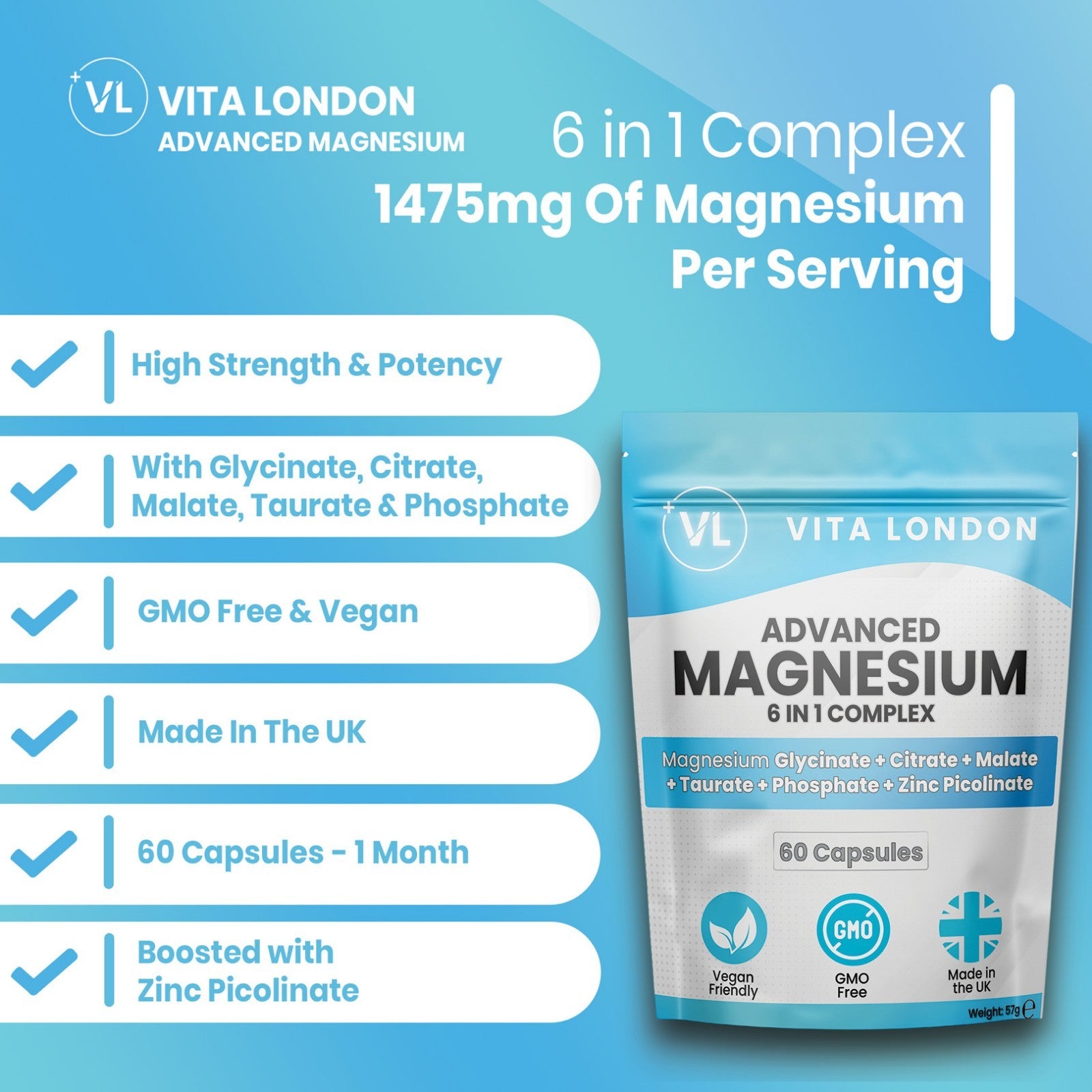 Magnesium Glycinate 6-In-1 Complex Capsules - Citrate Malate Taurate Zinc 1500Mg