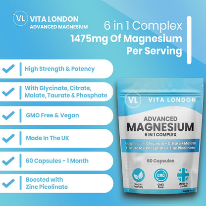 Magnesium Glycinate 6-In-1 Complex Capsules - Citrate Malate Taurate Zinc 1500Mg