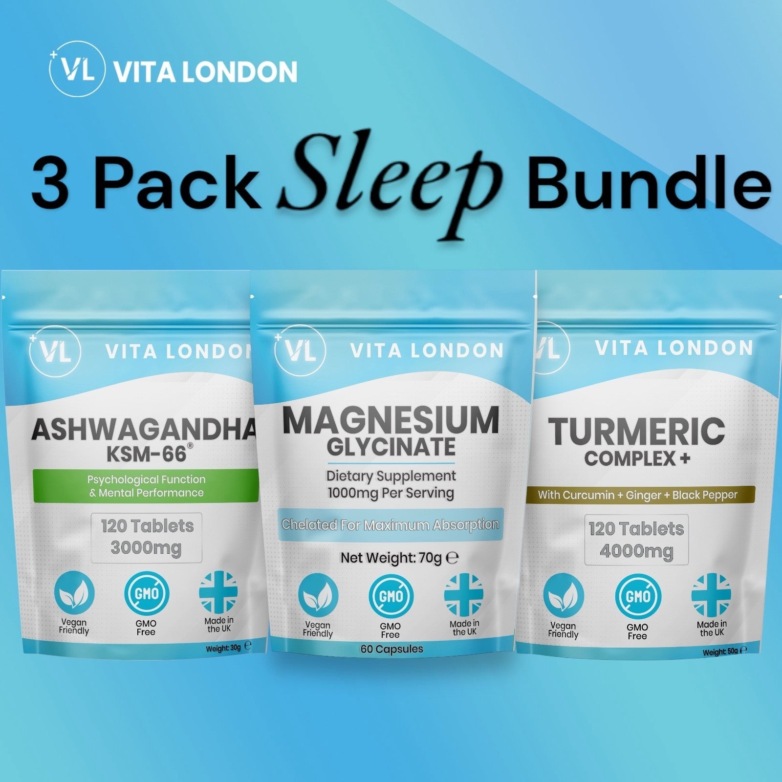 Sleep Set - Magnesium Glycinate Capsules + Ashwagandha KSM-66 + Turmeric Tablets